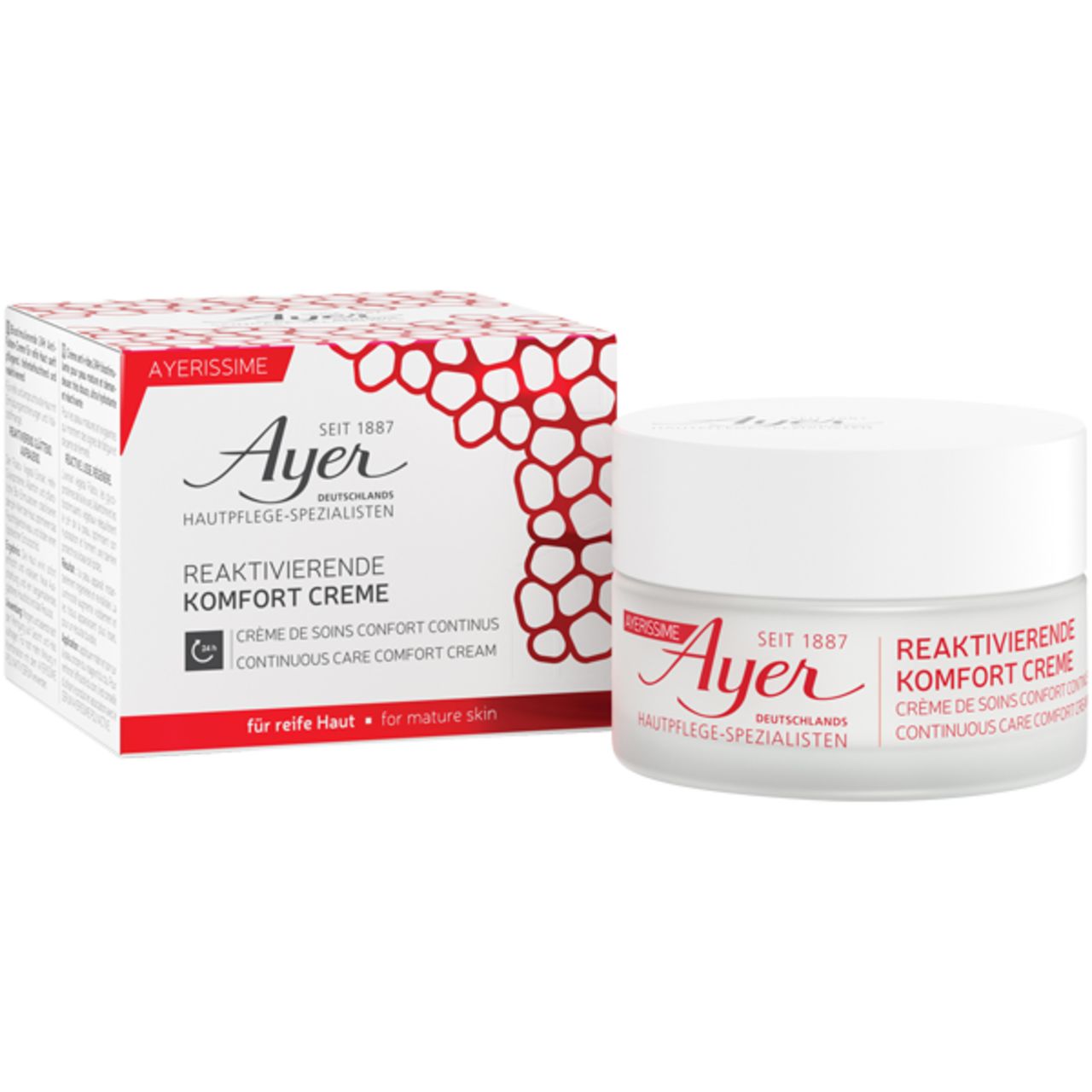 Vasetto di crema e scatola. Scritta: Ayer, Crema Comfort Riattivante, per pelli mature. Adesivo rosso 24H.