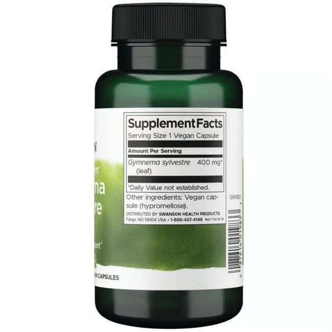 Retro del flacone verde. Scritta: Supplement Facts, Gymnema sylvestre 400 mg, capsula vegana (ipromellosa).