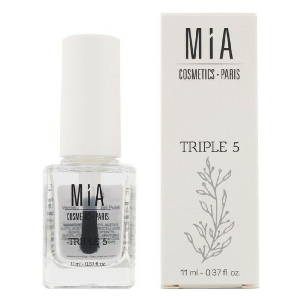 Flacone di smalto e scatola. Scritta: MIA Cosmetics Paris, Triple 5. Pennello visibile. Volume: 11 ml.