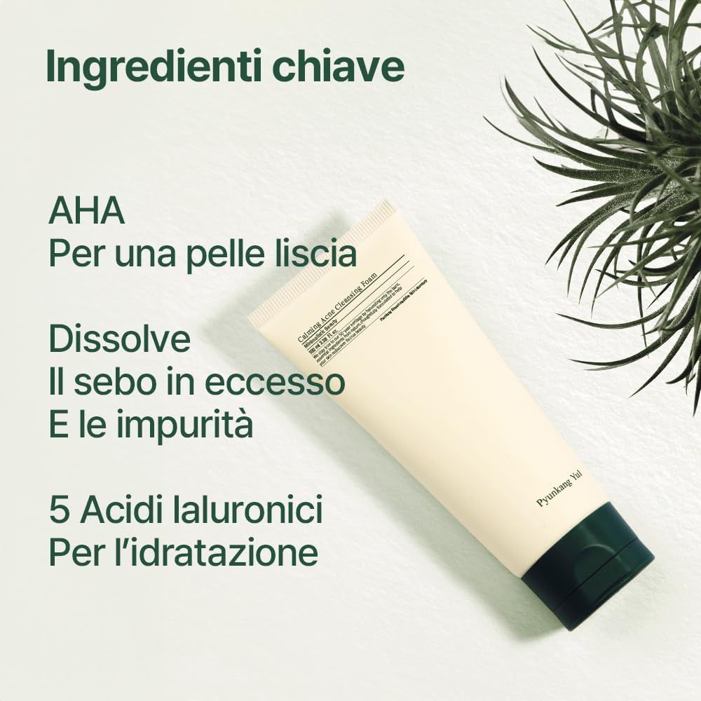 Tubo di schiuma detergente e testo: AHA, per una pelle liscia, scioglie il sebo in eccesso, 5 Acidi ialuronici per l'idratazione.