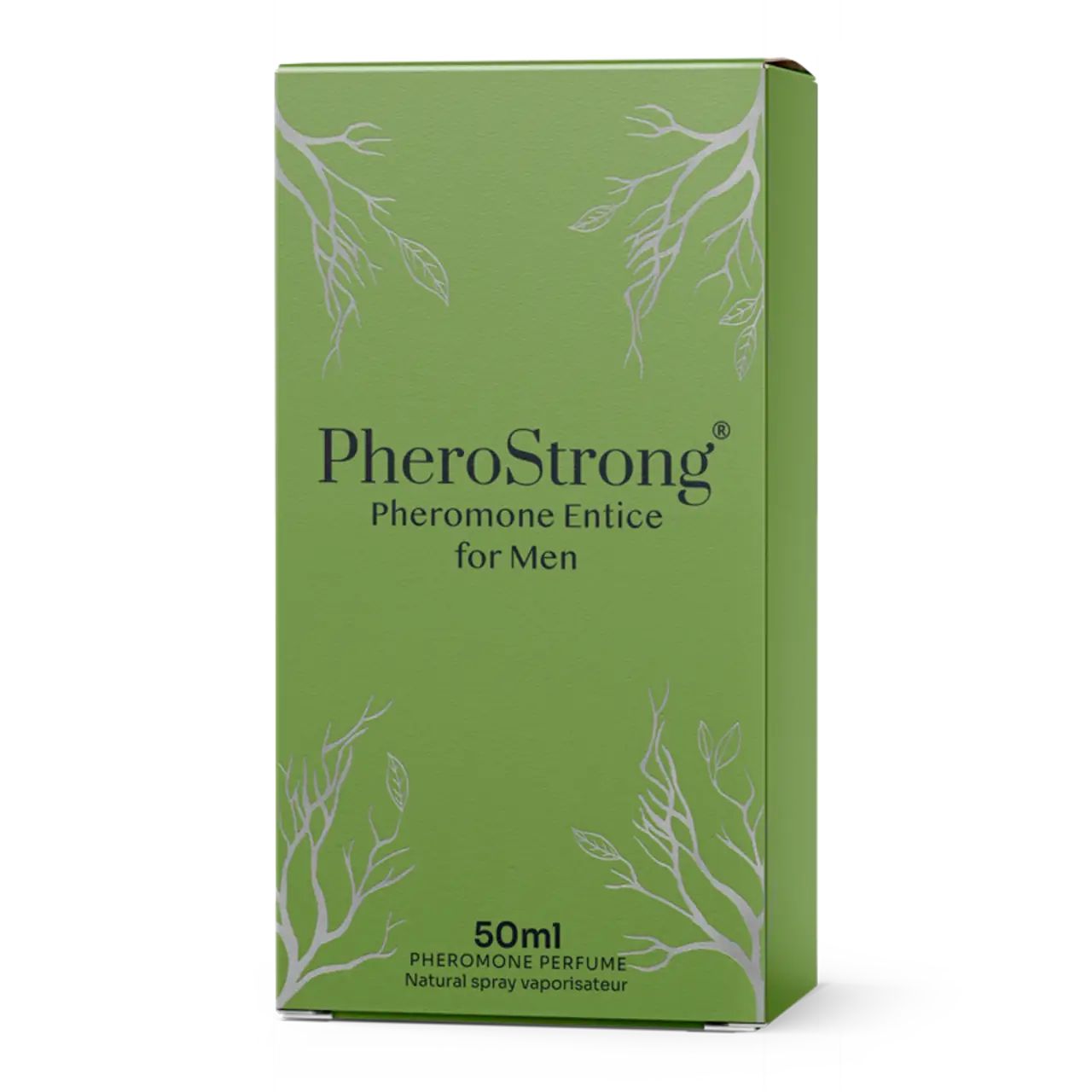 Scatola verde. Scritta: PheroStrong Pheromone Entice for Men. 50ml. Vaporizzatore spray naturale.