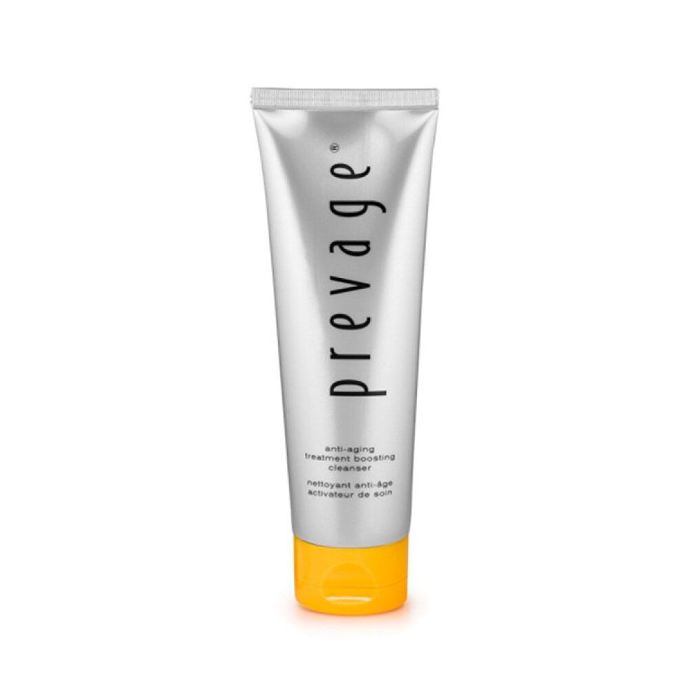Tubo argento con tappo a scatto giallo. Scritta Prevage Anti-Aging Boosting Cleanser.