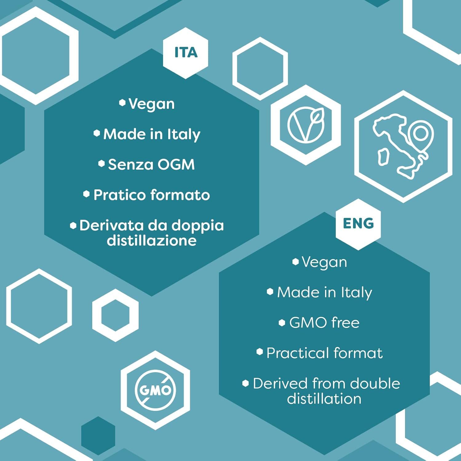 Informazioni sul prodotto: Vegano, Made in Italy, Senza OGM, formato pratico, derivato da doppia distillazione.