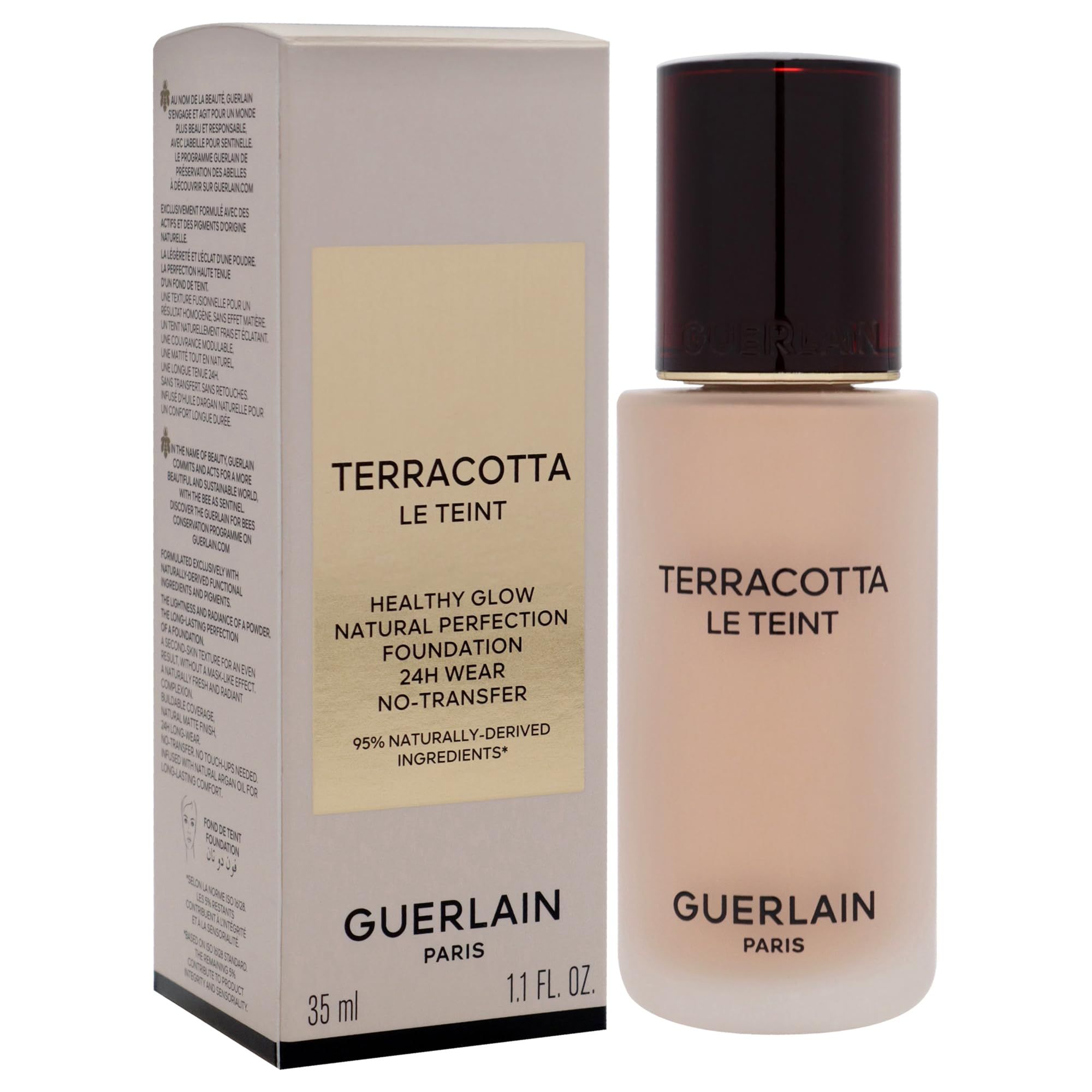 Flacone con tappo e confezione. Scritta: Terracotta Le Teint, Healthy Glow Foundation, 24H Wear, No-Transfer. Marchio: Guerlain.