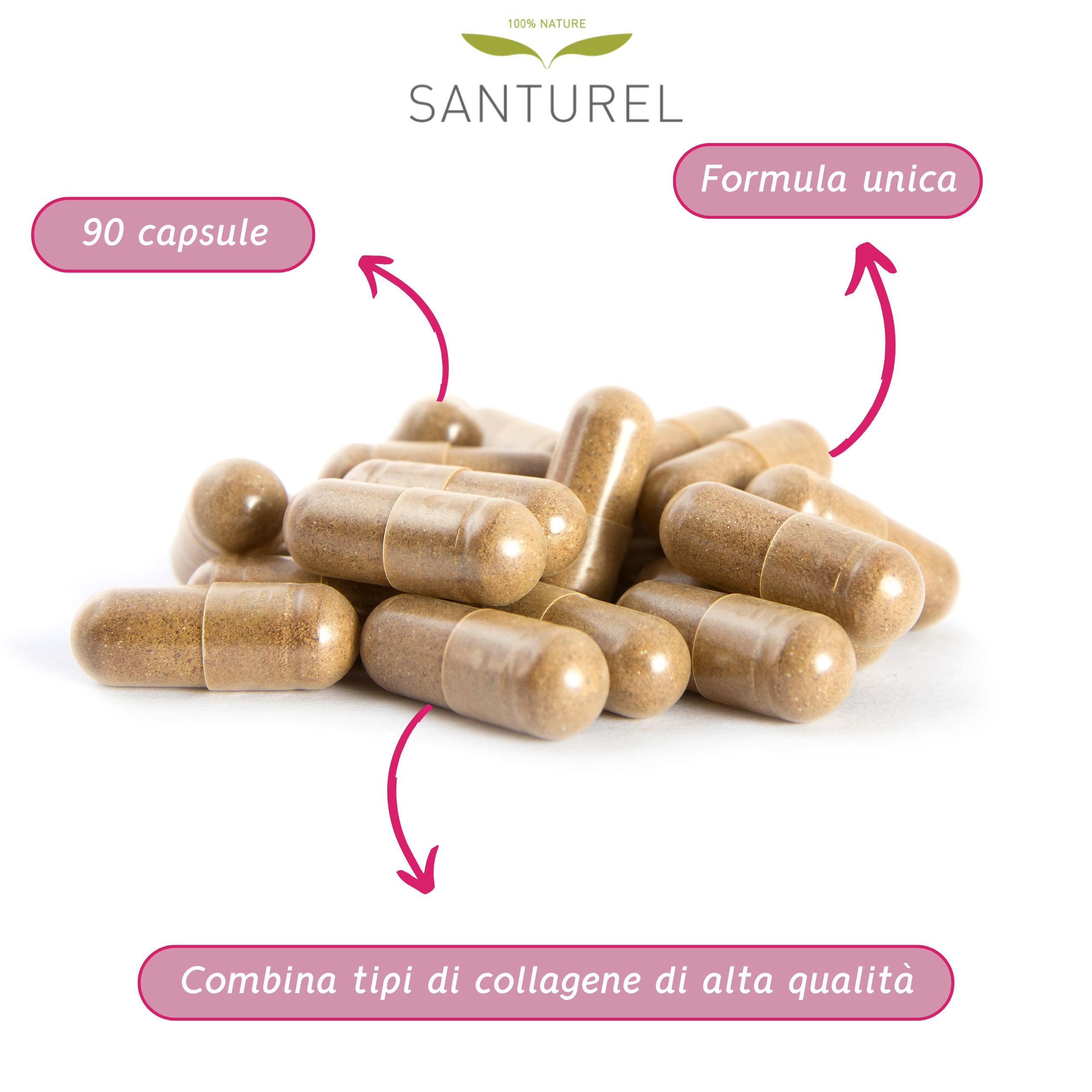 Capsule marroni. Scritta: 90 capsule. Combina tipi di collagene di alta qualità. Formula unica.
