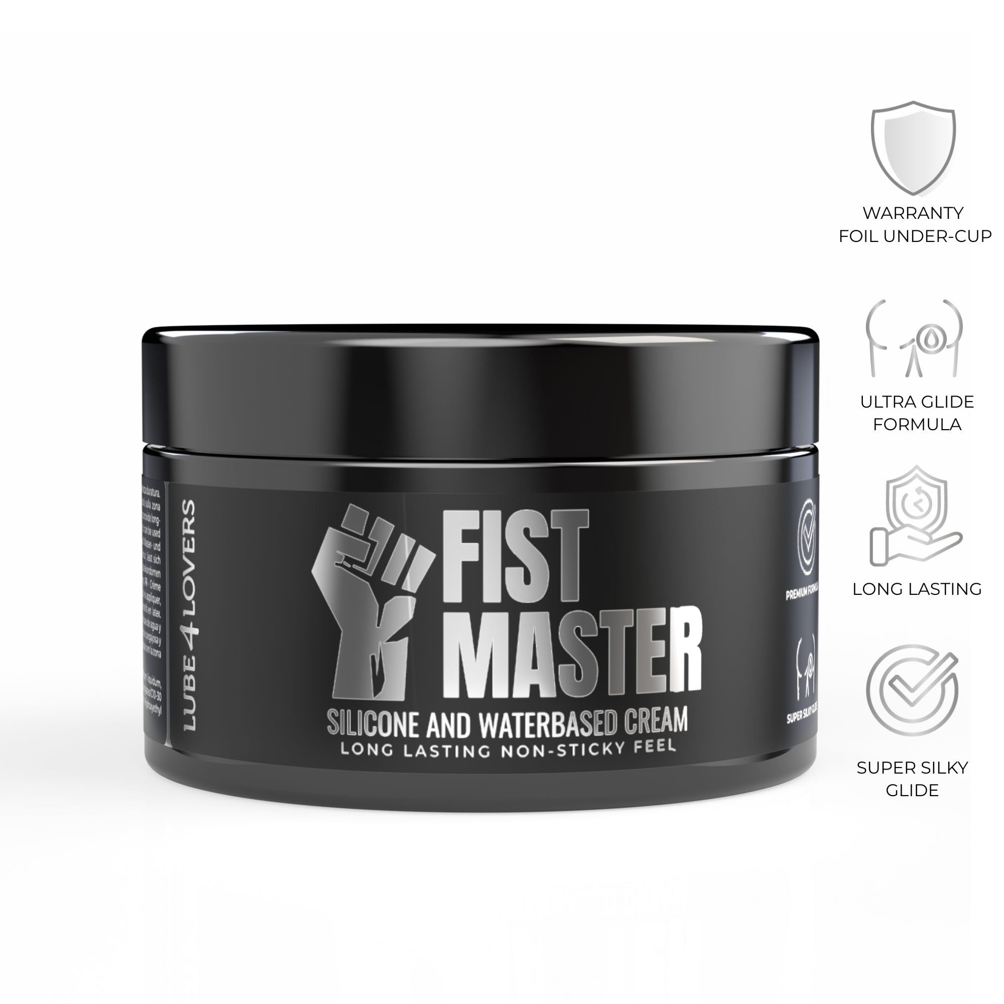 Vaso nero con stampa argento « Fist Master ». Testo: « Silicone and Waterbased Cream ». Loghi per « Ultra Glide », « Long Lasting » e « Super Silky Glide ».