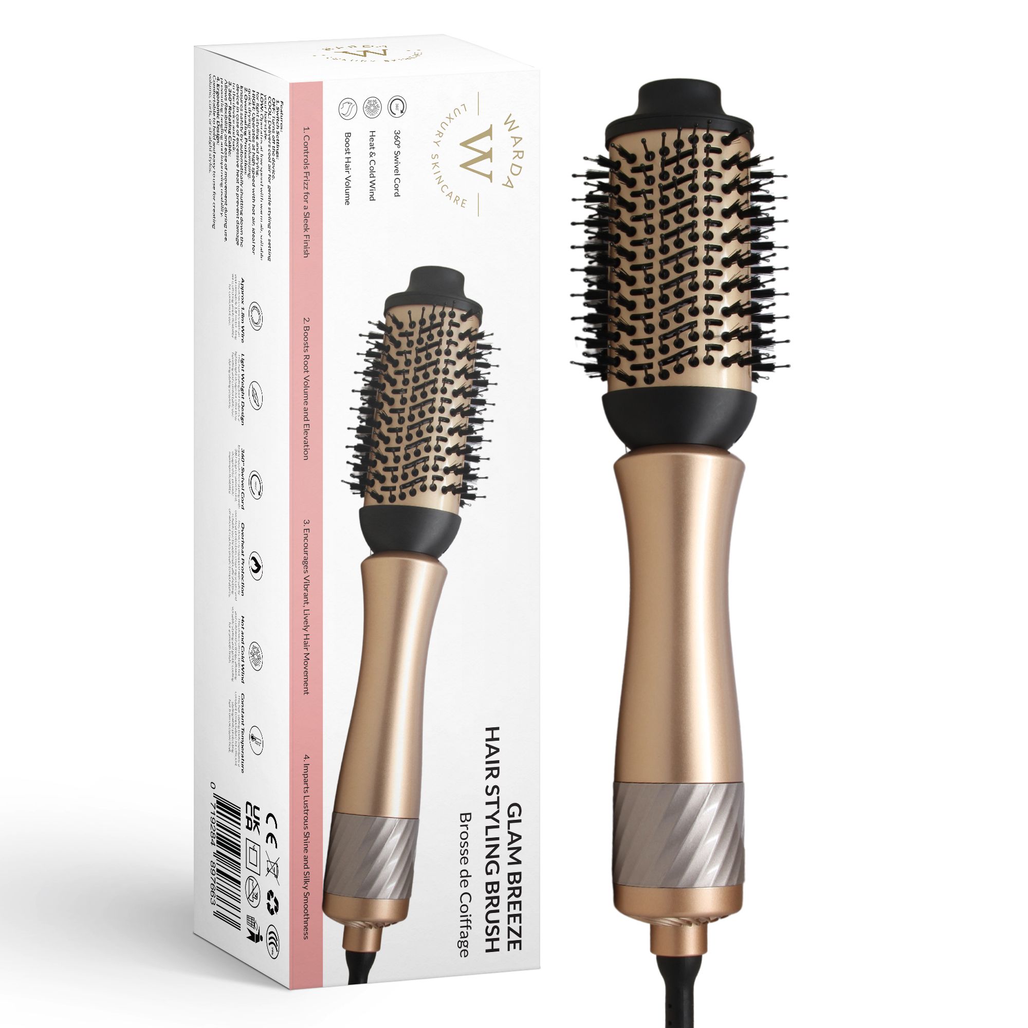 Spazzola per capelli con manico dorato e testina nera. Marchio: Warda Skincare. Confezione con informazioni sul prodotto.
