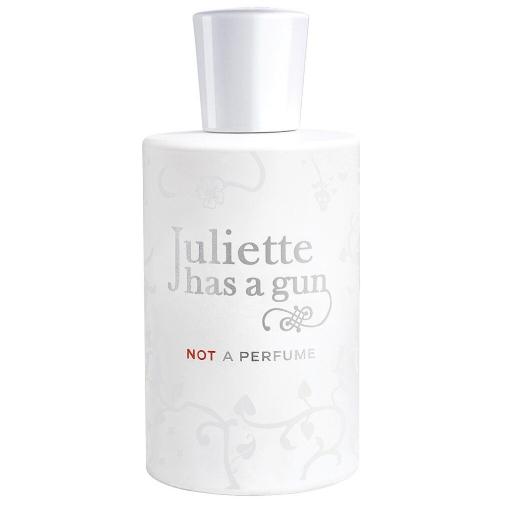 Flacone bianco con tappo bianco. Scritta: Juliette has a gun, NOT A PERFUME. Motivi floreali.