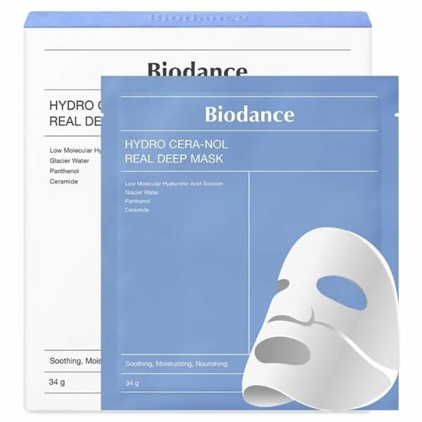 Confezione del prodotto con maschera facciale. Testo: Biodance, Hydro Cera-Nol Real Deep Mask. Ingredienti e peso.