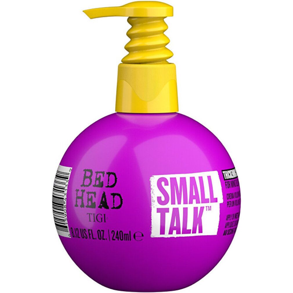 Flacone rotondo viola con erogatore giallo. Scritta: BED HEAD, SMALL TALK, TIGI. Volume: 8.12 US FL. OZ. / 240ml.