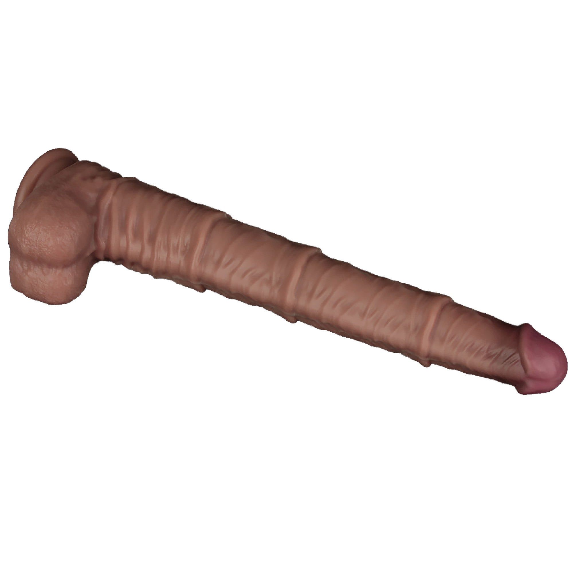 Dildo marrone con punta rosa. Superficie scanalata, base. Orientamento orizzontale.
