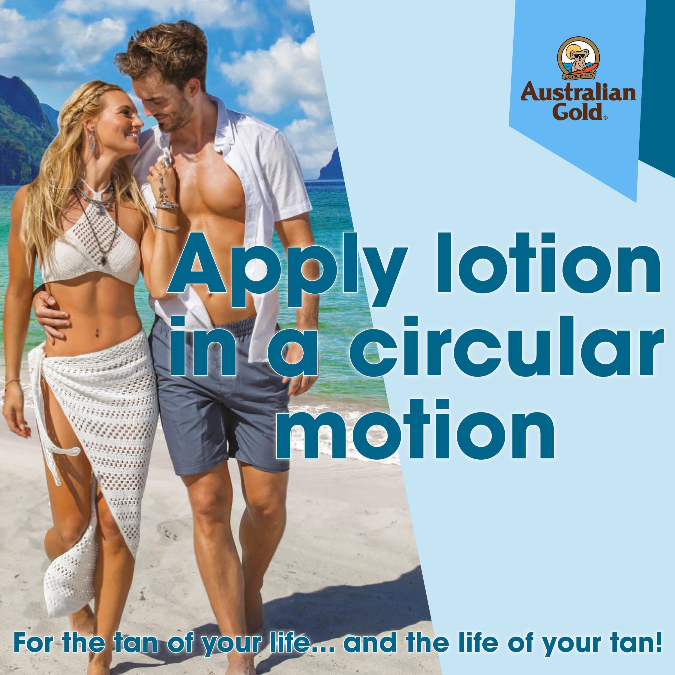 Coppia che cammina sulla spiaggia. Testo: Apply lotion in a circular motion. Logo: Australian Gold. Testo: For the tan of your life...and the life of your tan!