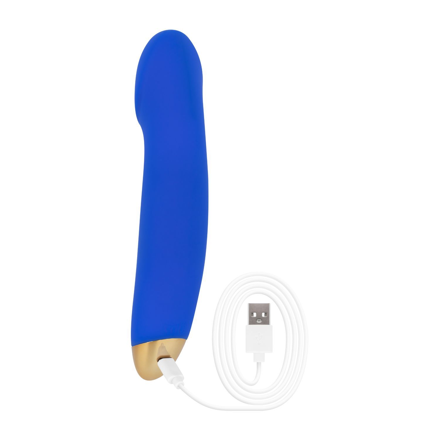 Vibratore blu con cavo di ricarica. Finitura dorata. Su sfondo bianco.