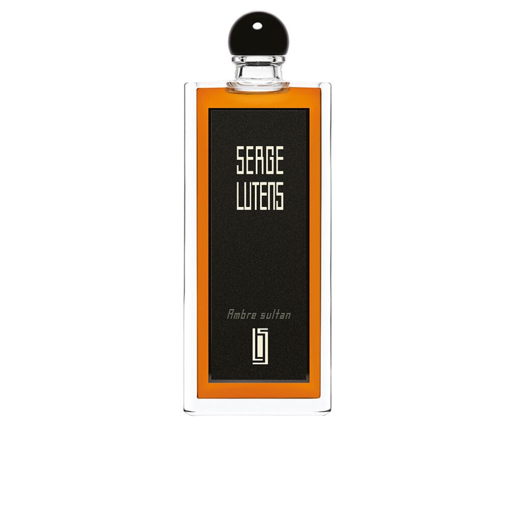 Flacone di profumo rettangolare con etichetta nera. Scritta: Serge Lutens Ambre sultan. Tappo nero.