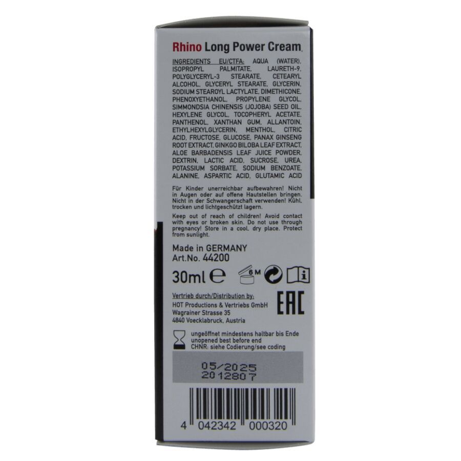 Retro di un tubetto da 30ml Rhino Long Power Cream, Made in Germany, Art. N. 44200.