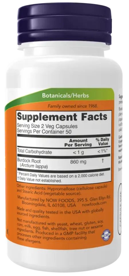 Retro del flacone. Scritta: Supplement Facts, Burdock Root 860 mg. Elenco ingredienti. Produttore: NOW FOODS. Sigillo GMP.