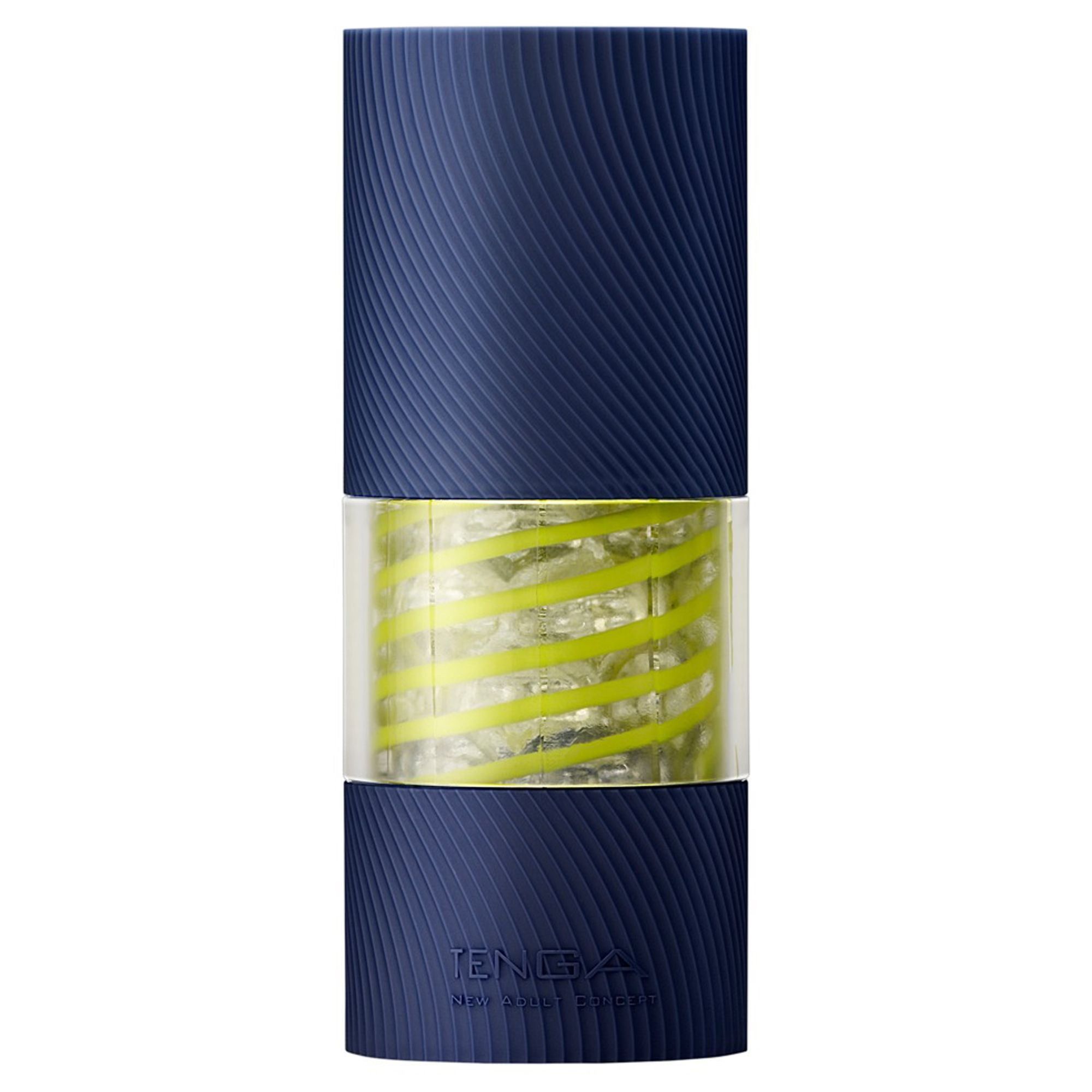Confezione cilindrica blu scuro con superficie scanalata. Contiene un prodotto con spirale gialla. Scritta: TENGA.