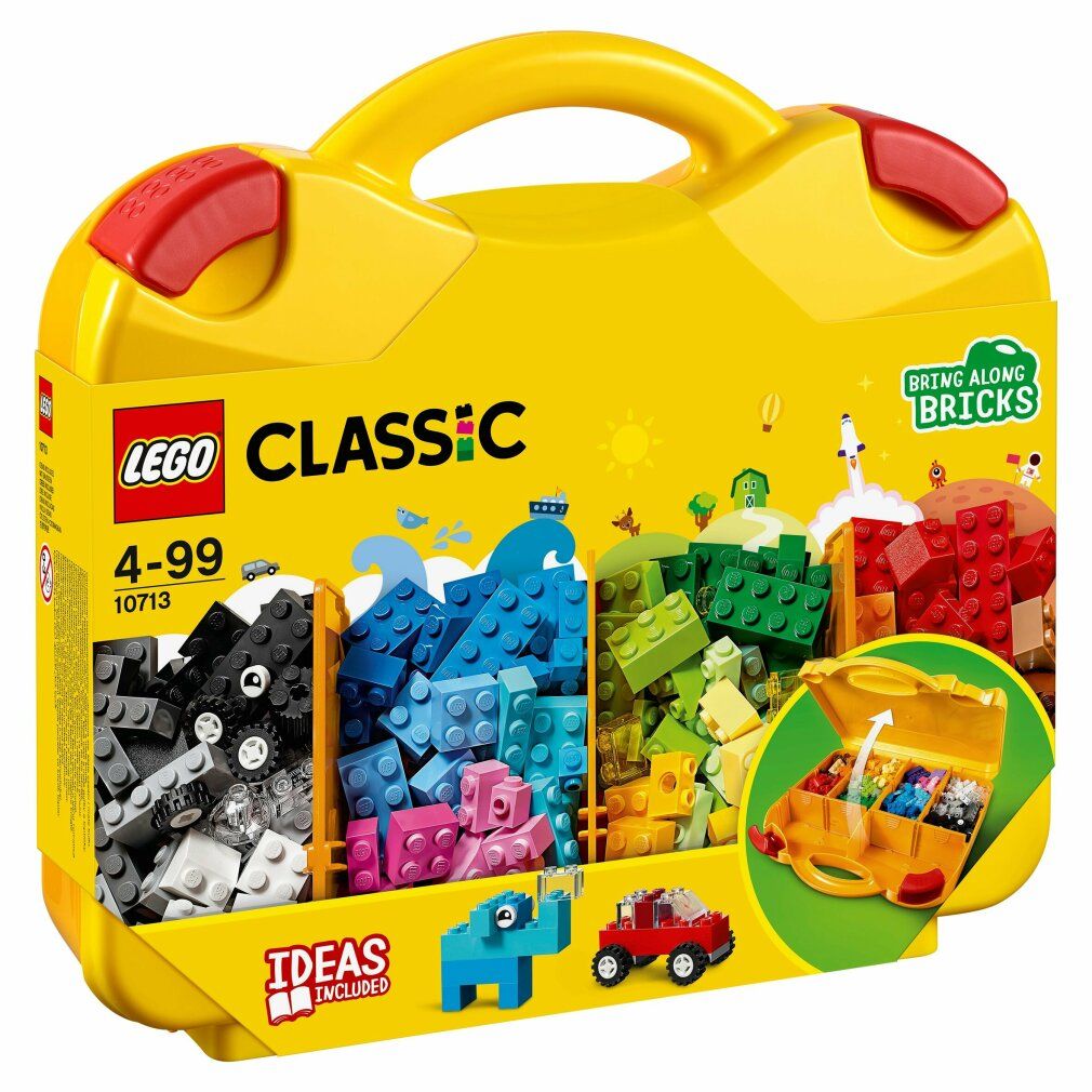 Valigetta gialla LEGO Classic con chiusure rosse. Contiene mattoncini colorati in scomparti. Scritta: LEGO CLASSIC, 4-99, 10713.