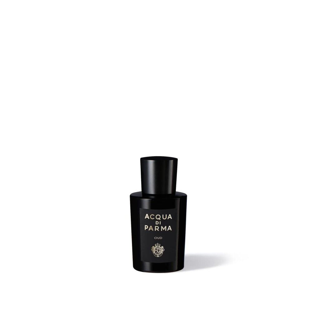 Flacone nero con scritta ACQUA DI PARMA OUD. Tappo nero. Scritta dorata.