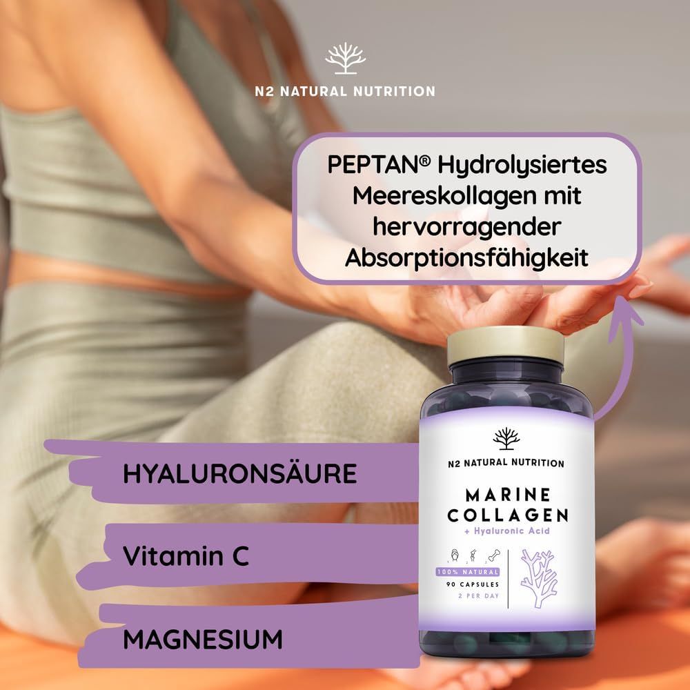 Flacone di capsule. Testo: Marine Collagen + Hyaluronic Acid. Ingredienti aggiuntivi.