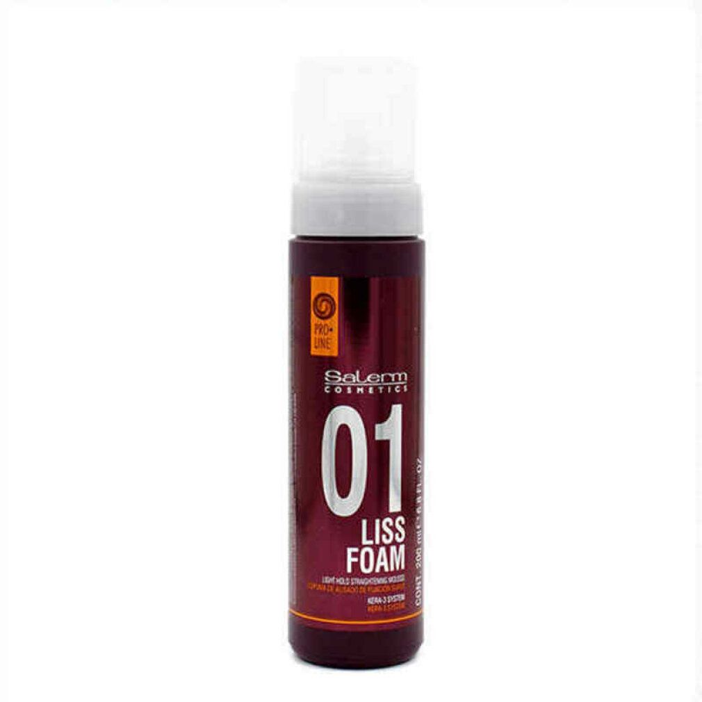 Flacone con erogatore bianco. Scritta: 01 LISS FOAM. Flacone rosso scuro con testo bianco. Marchio Salerm Cosmetics.