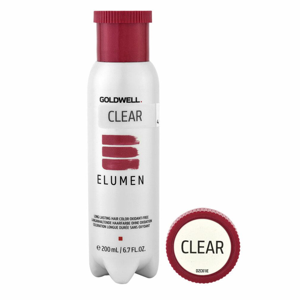 Goldwell ELUMEN CLEAR, tinta per capelli, flacone bianco con tappo rosso e tappo separato. Testo: CLEAR, ELUMEN, 200 ml/6.7 FL.OZ. Senza ossidazione.