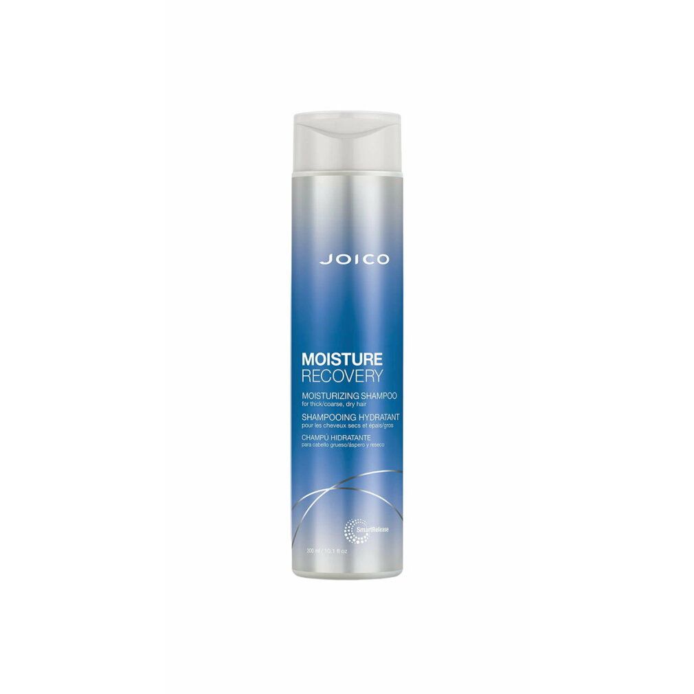 Flacone cilindrico con etichetta blu. Scritte: JOICO, MOISTURE RECOVERY, shampoo idratante.