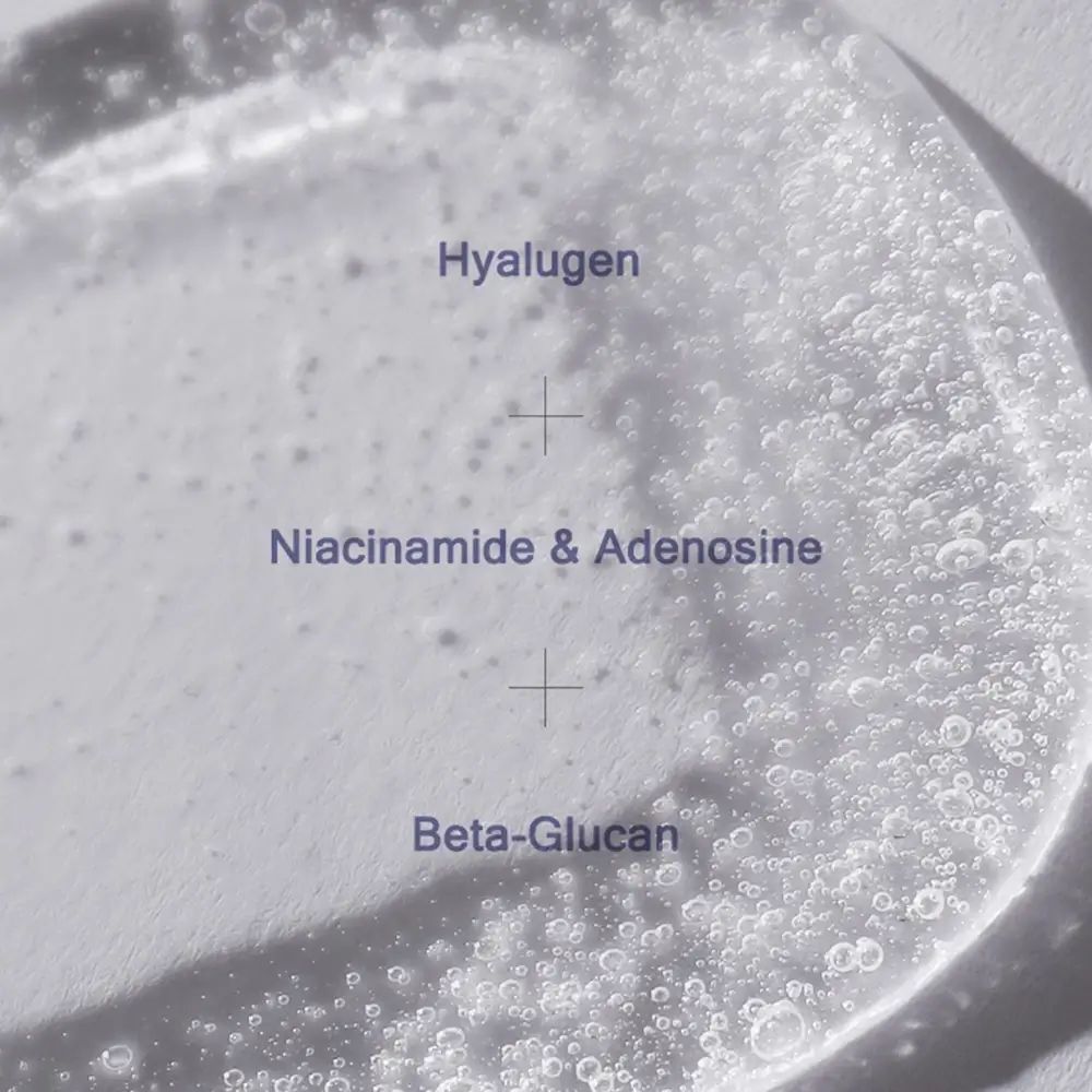 Primo piano del siero con gli ingredienti Hyalugen, Niacinamide & Adenosina, Beta-Glucan.