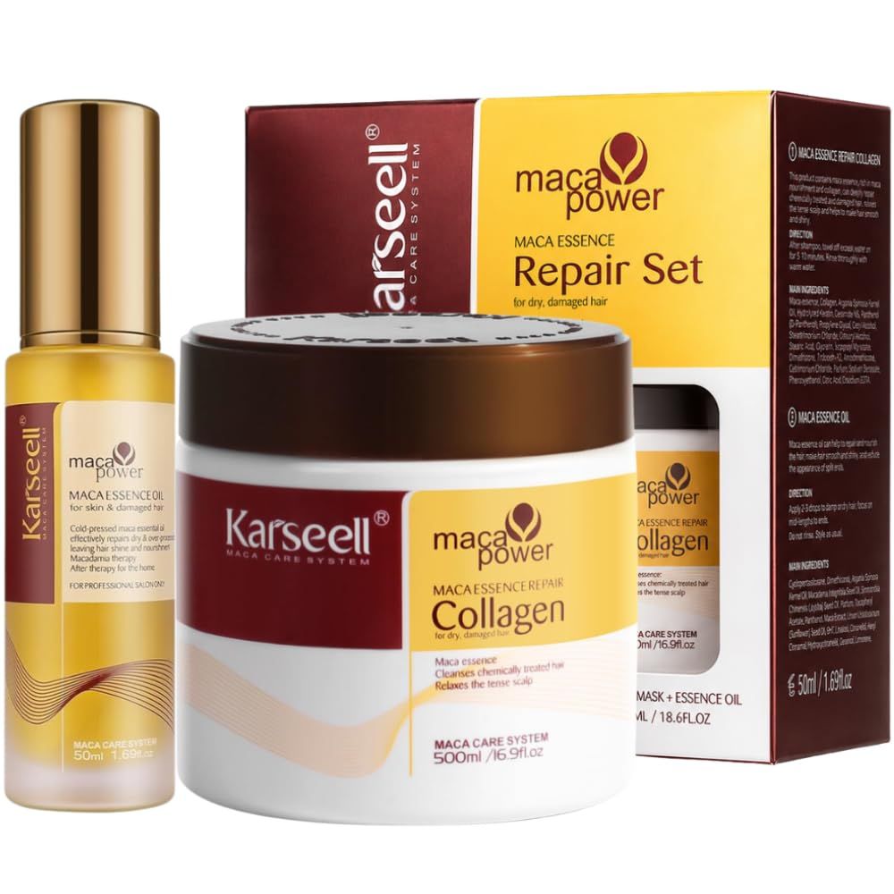 KARSEELL Set Riparazione Capelli Maschera Collagene 500ml + Serum Olio di Argan