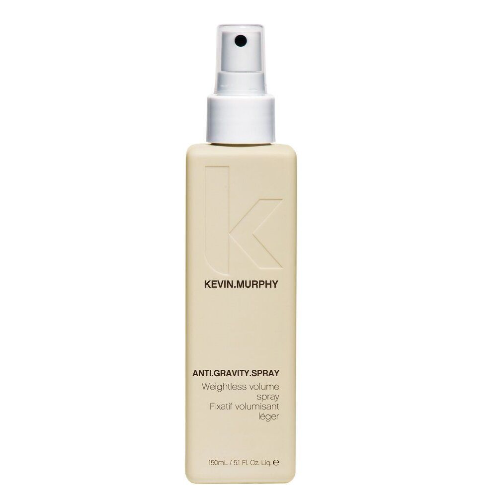 Flacone beige con vaporizzatore bianco. Scritta: KEVIN.MURPHY, ANTIGRAVITY.SPRAY, Weightless volume spray, Fixatif volumisant léger.