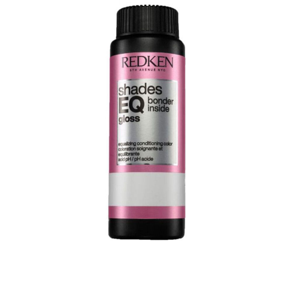 Flacone con tappo nero ed etichetta rosa. Testo: Redken, Shades EQ gloss, bonder inside. Scritta: equalizing conditioning color.