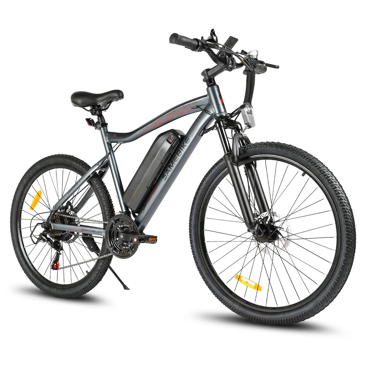 E-bike grigia con pneumatici e sella neri. Batteria e marchio SAMEBIKE visibili. Riflettori gialli sulle ruote.
