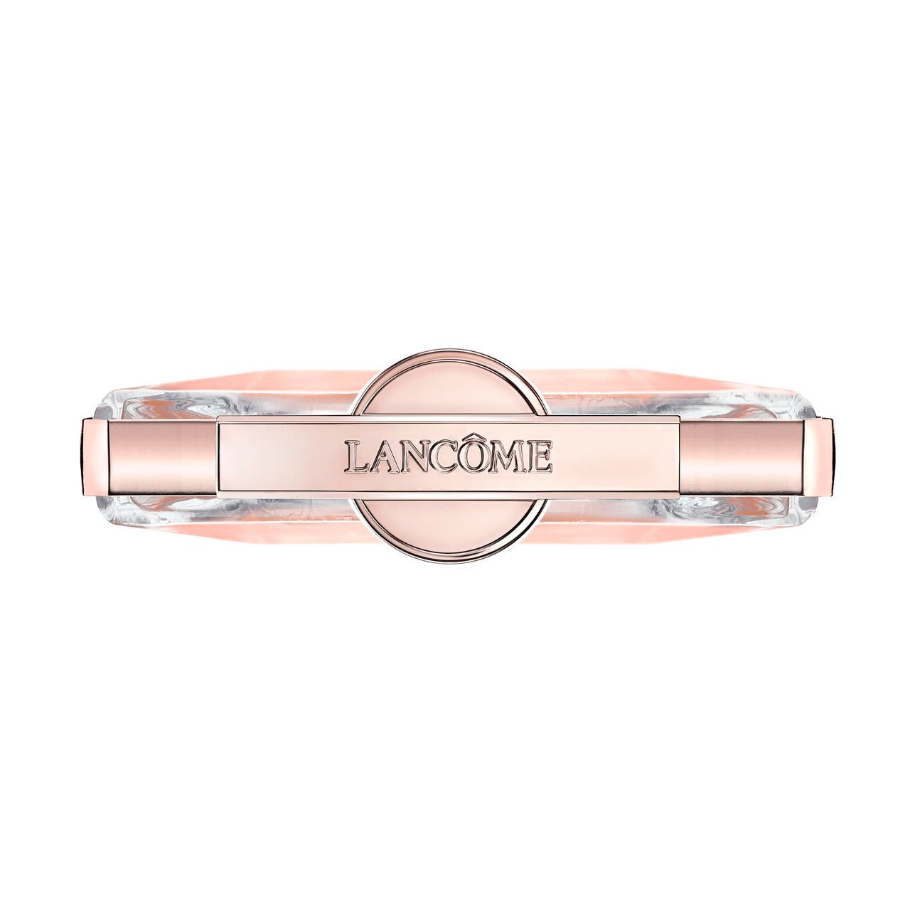 Flacone di profumo rettangolare trasparente con contenuto rosa. Chiusura e scritta LANCÔME color oro rosa.