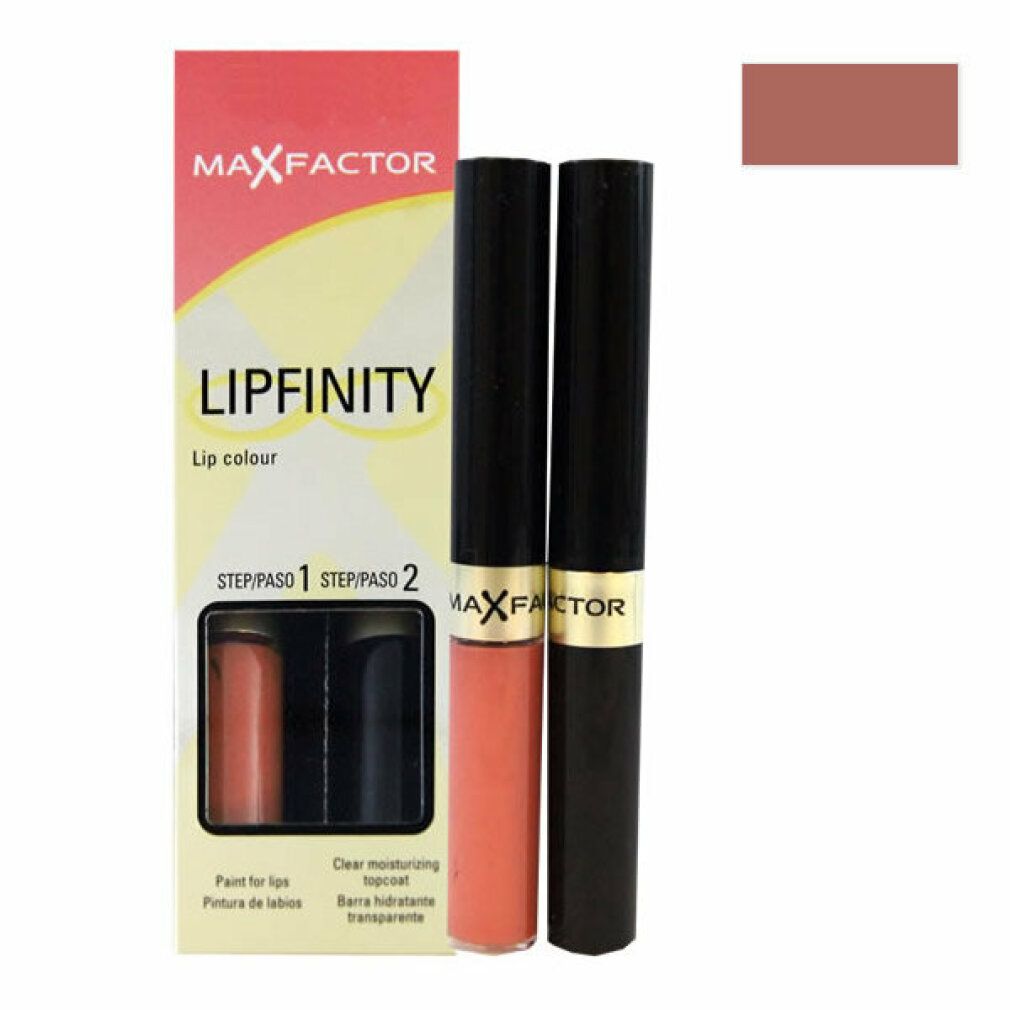 Max Factor Lipfinity Lip Colour. Due rossetti e confezione. Tappi neri, scritta dorata. Tonalità rosa-arancio.