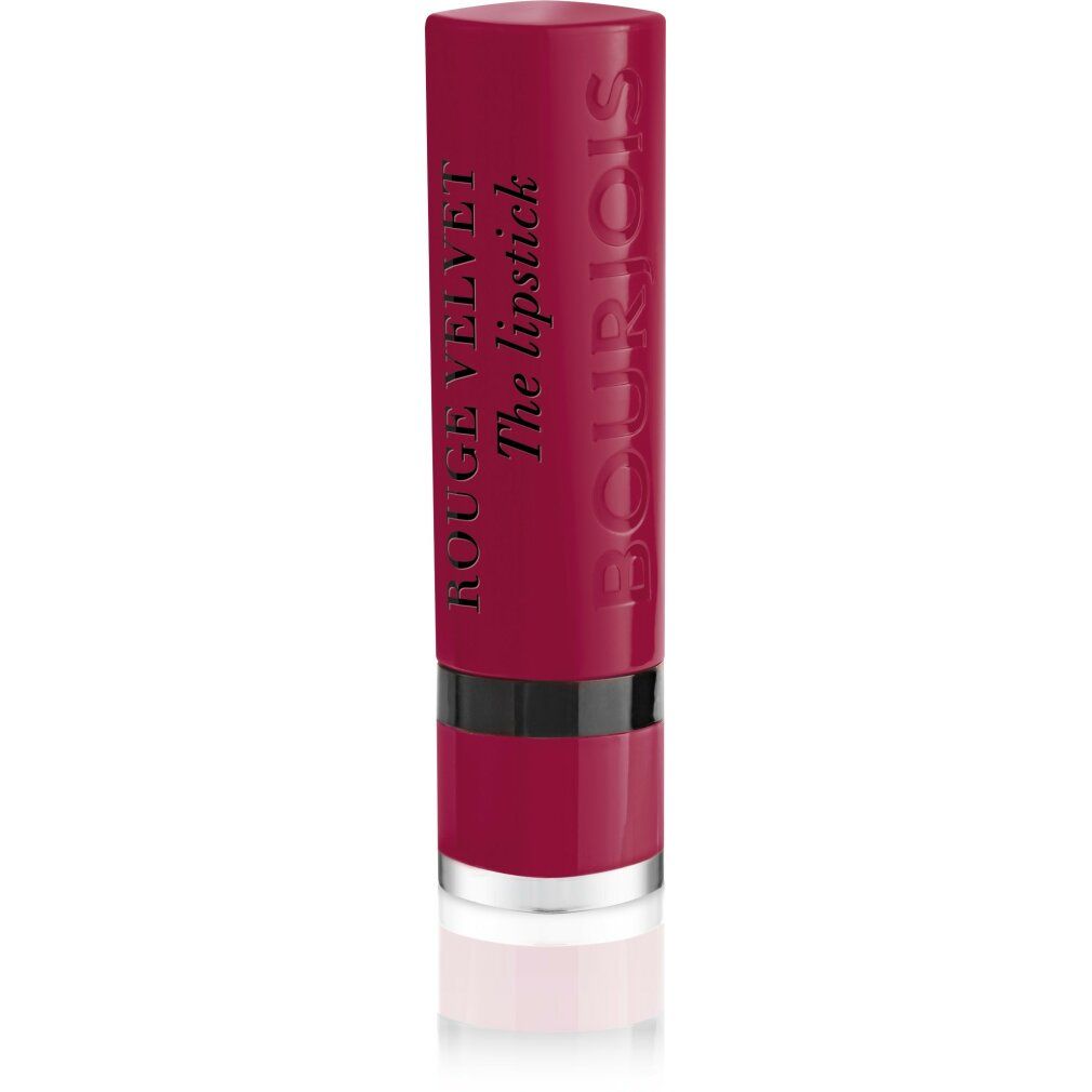 Rossetto chiuso magenta. Anello nero, base trasparente. Scritta: Bourjois, Rouge Velvet.