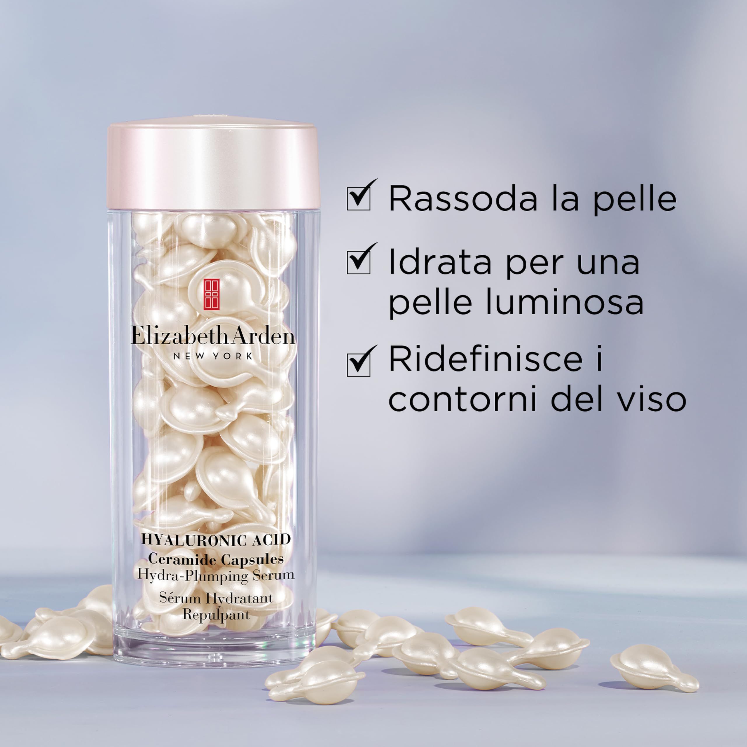 Flacone di capsule e testo. Testo: Rassoda la pelle, idrata, ridefinisce i contorni del viso.