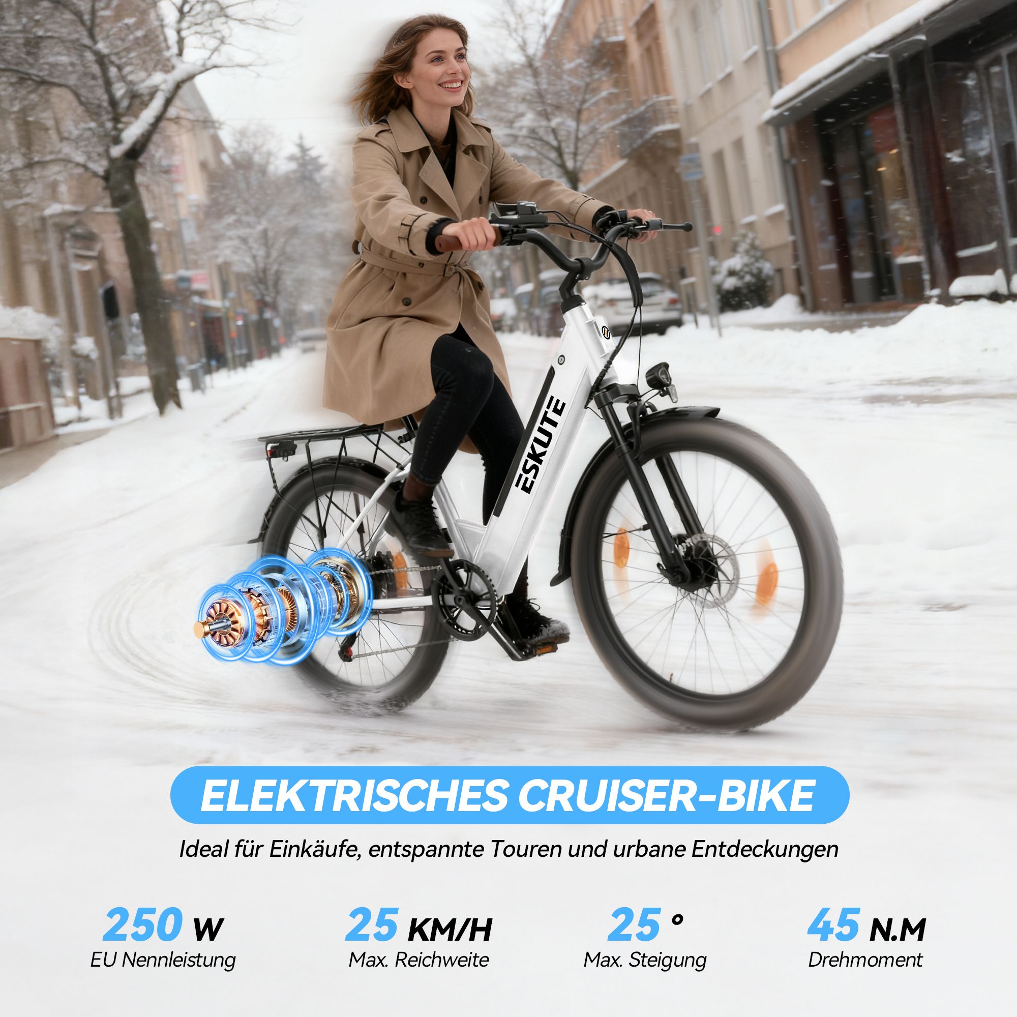 Donna in sella a una e-bike Cruiser. Testo: E-bike Cruiser. 250W, 25 KM/H, 25°, 45 N.M. Coppia.