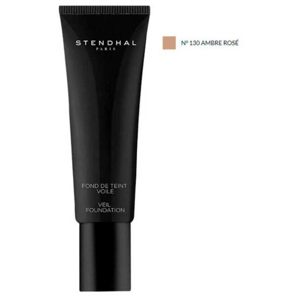 Tubo nero con campione di colore e testo: STENDHAL PARIS, Fond de Teint Voile, N° 130 Ambre Rosé.