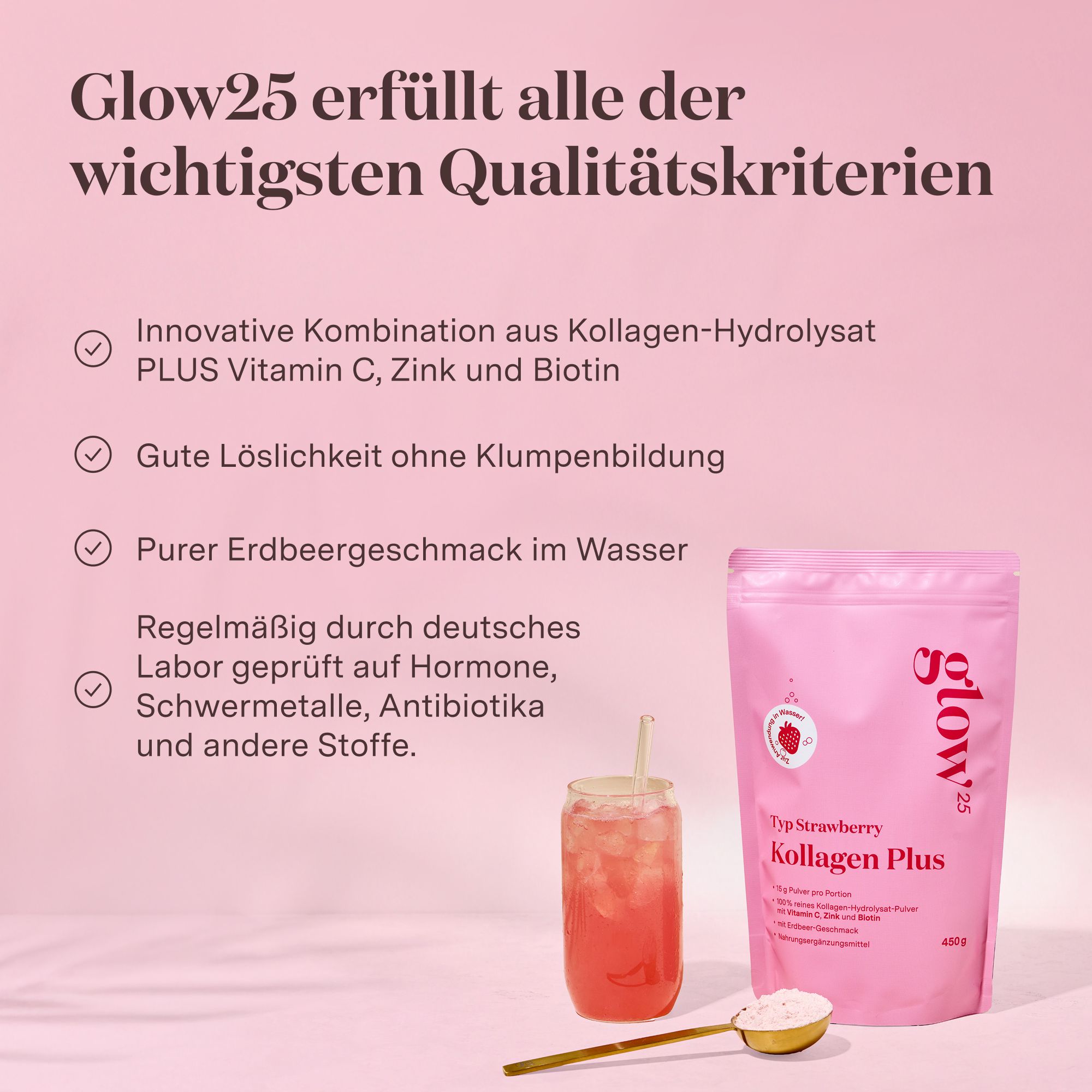 Busta Glow25 Collagen Plus Tipo Fragola e un bicchiere di bevanda alla fragola.