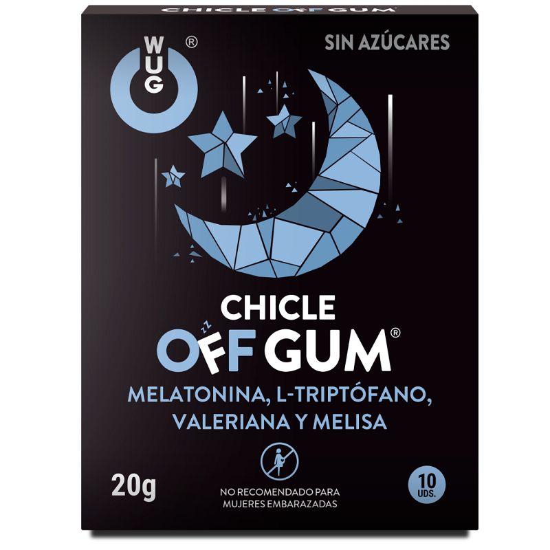 Scatola di Wug Off Gum chewing gum con motivo lunare e stellare. Contiene melatonina, L-triptofano, valeriana e melissa.