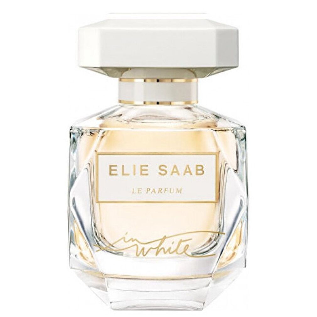 Flacone di profumo con tappo bianco e dettagli dorati. Scritta: ELIE SAAB LE PARFUM in white.