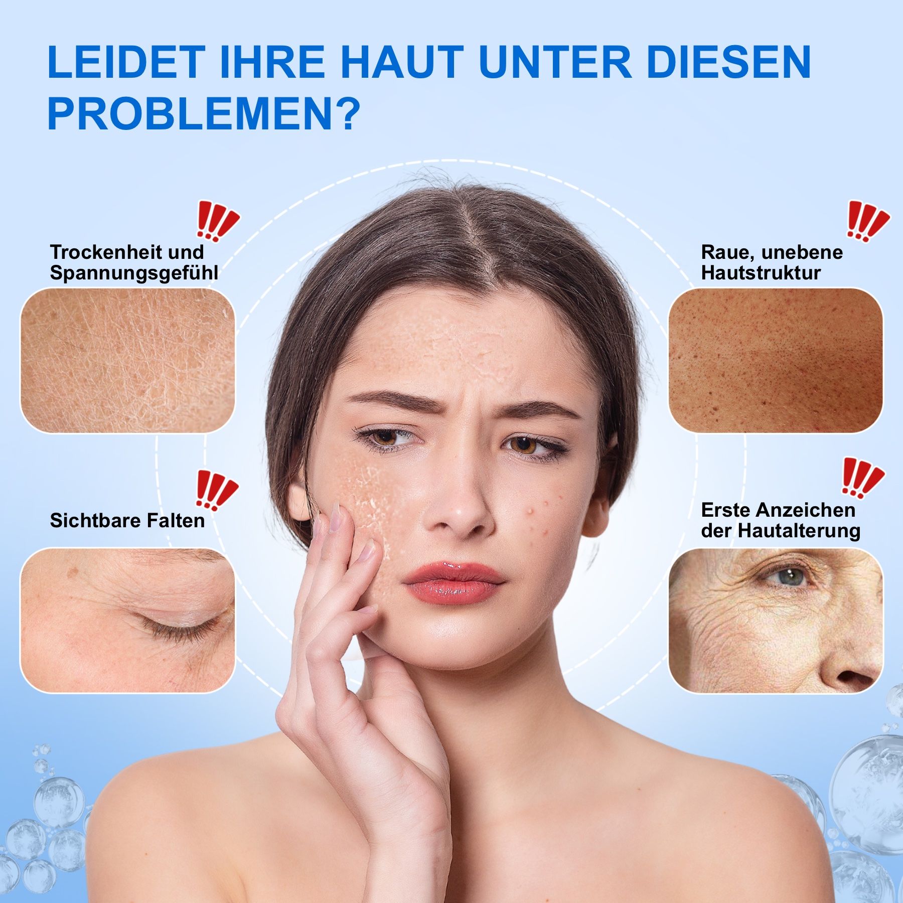 Viso di una donna. Testo: Secchezza, tensione, pelle ruvida, rughe, segni dell'invecchiamento cutaneo.