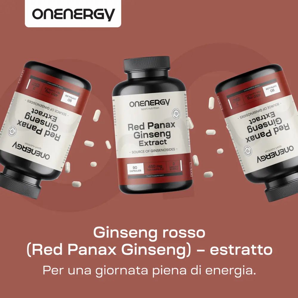 Tre flaconi OnEnergy Red Panax Ginseng Extract su sfondo rosso.