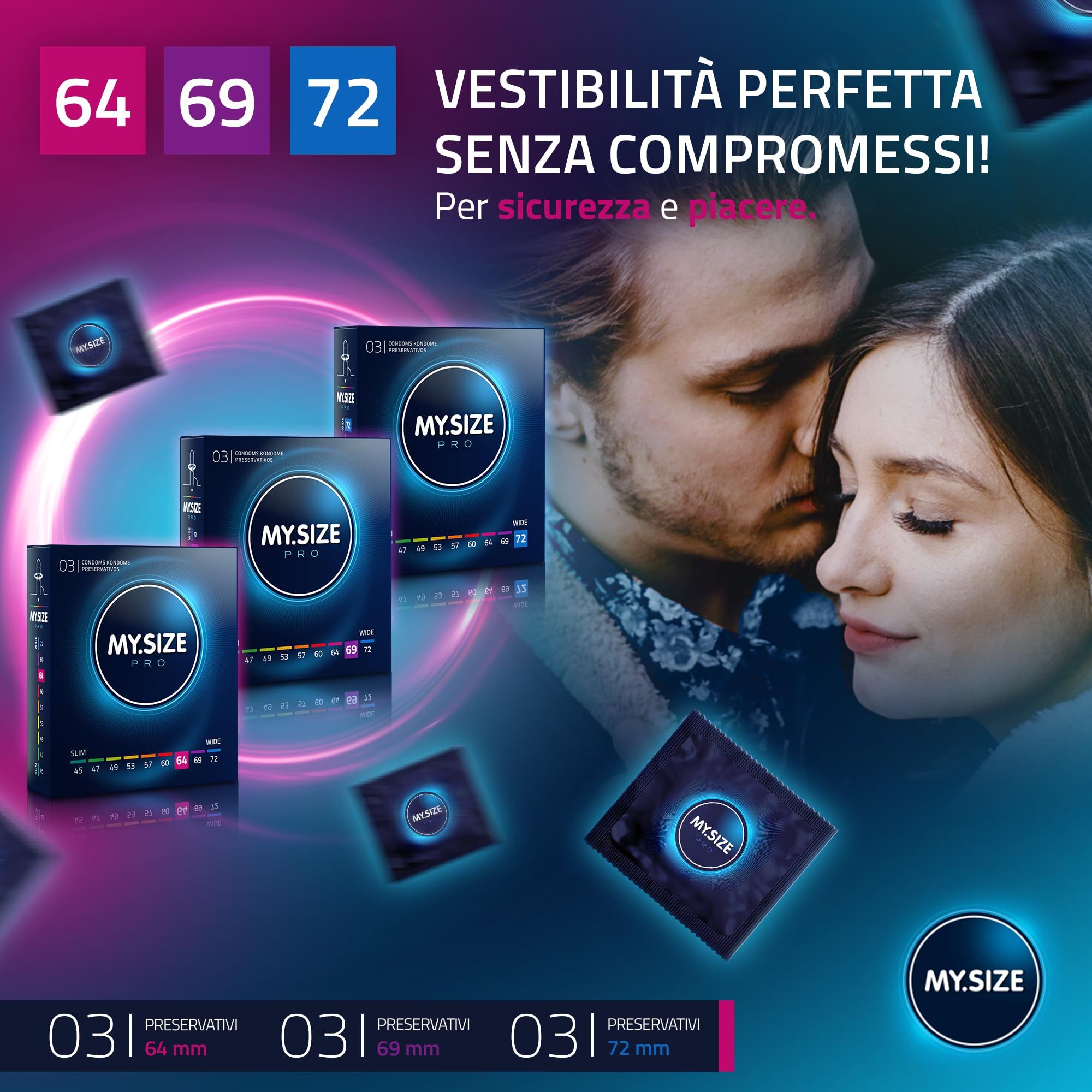 Immagine prodotto con tre scatole di preservativi My.Size PRO e preservativi singoli. Misure 64, 69, 72mm.