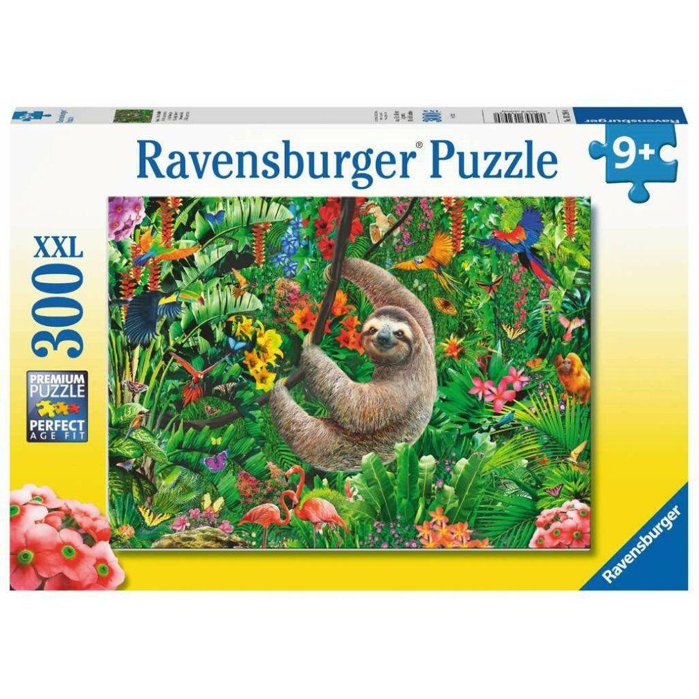 Puzzle Pz. Gemütliches Faultier 300T. Confezione con motivo bradipo, 300 pezzi, dai 9 anni. Logo Ravensburger Puzzle.