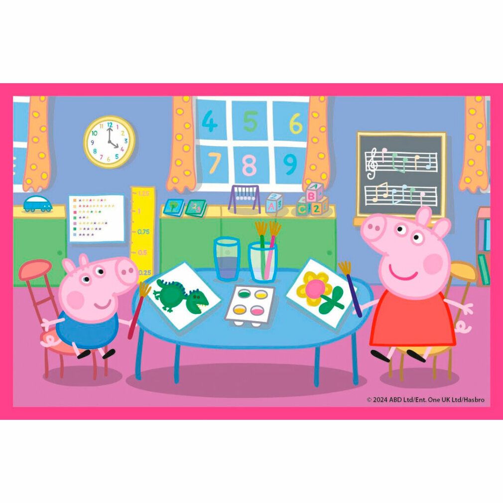 Puzzle Peppa Pig e fratello che dipingono. Personaggi seduti ai tavoli. Sfondo: aula. Cornice rosa.