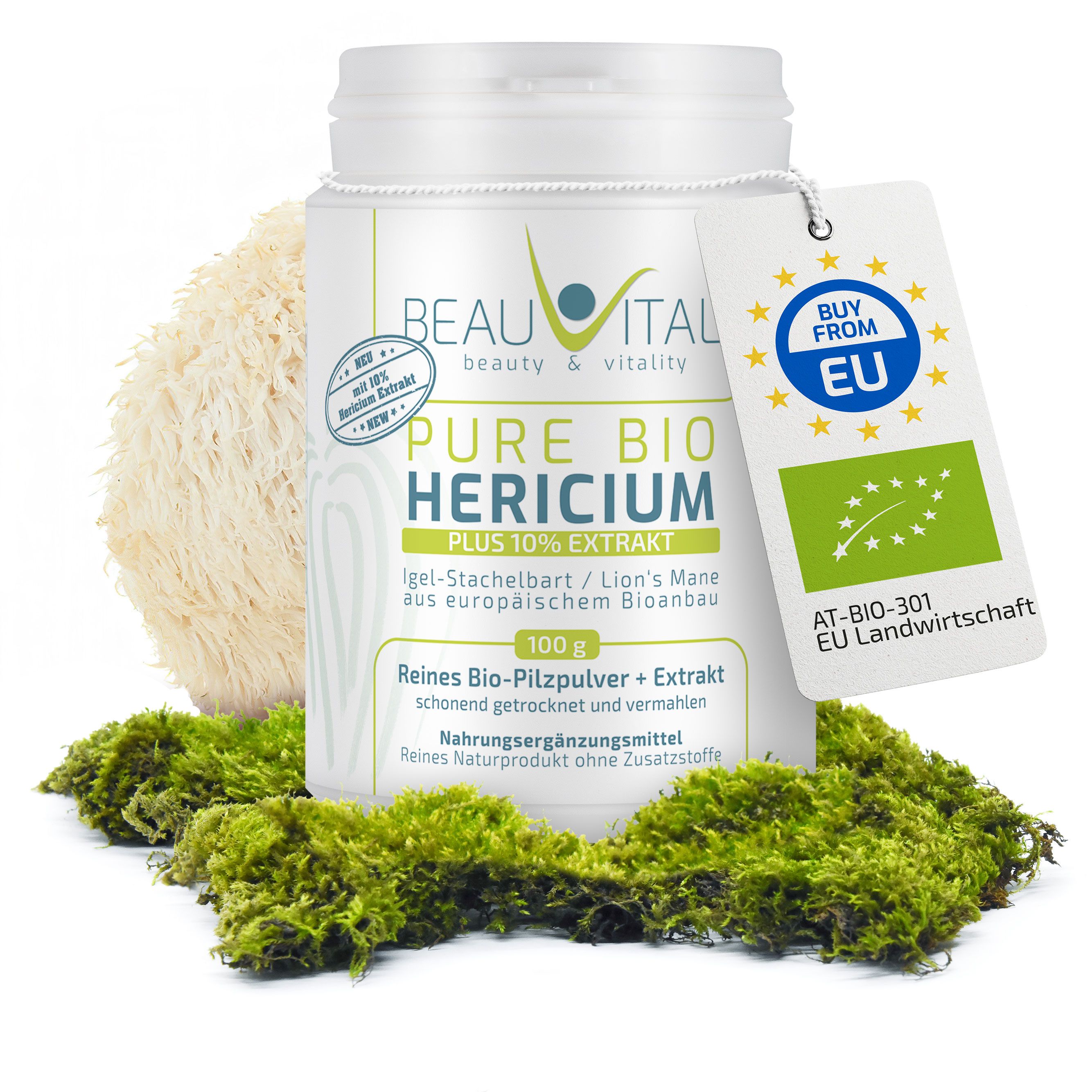 Contenitore Beautivital Pure Bio Hericium estratto di fungo, 100g. Sigillo Bio UE.
