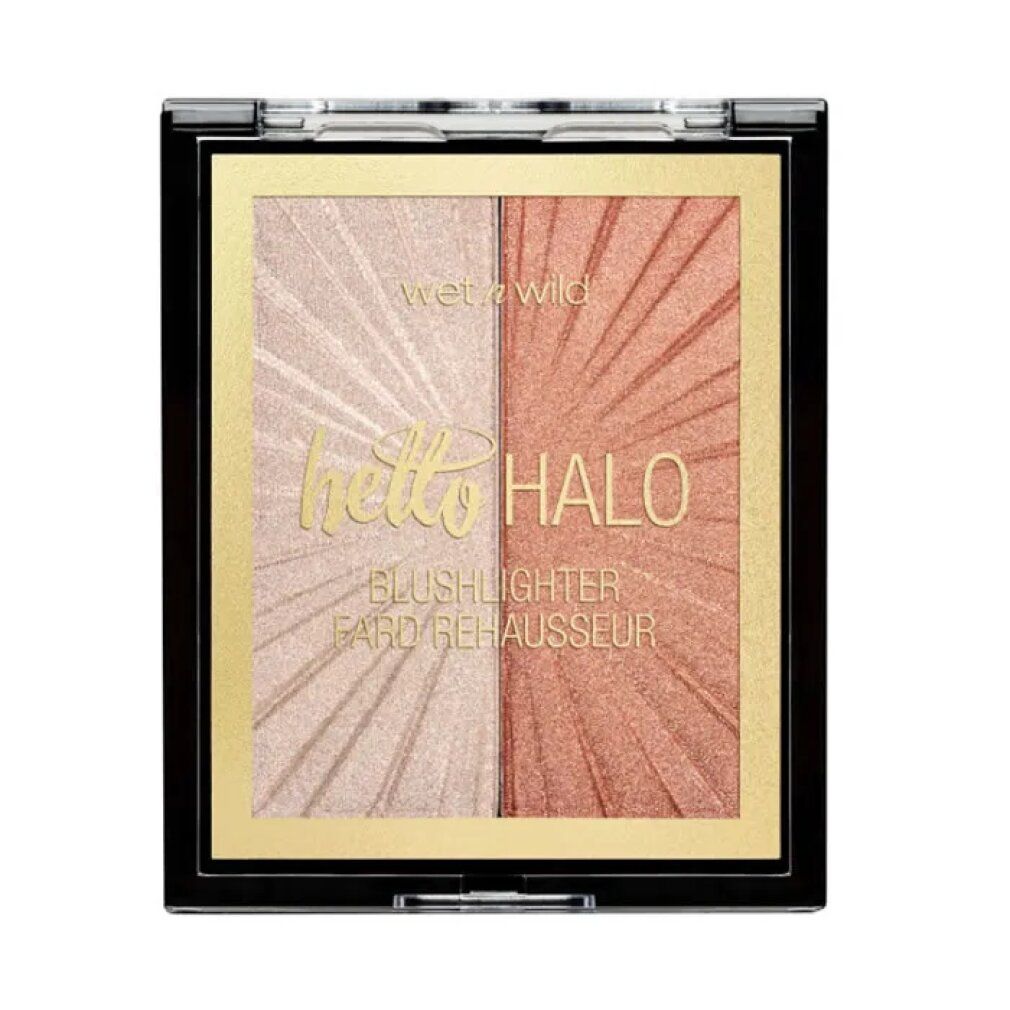 Palette Blushlighter con due tonalità. Scritta "hello HALO" e "BLUSHLIGHTER FARD REHAUSSEUR". Cornice nera, cornice interna dorata.