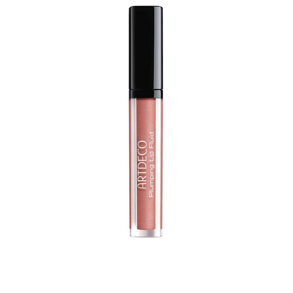ARTDECO Plumping Lip Fluid in tonalità rosa scintillante, in tubetto trasparente con tappo nero.
