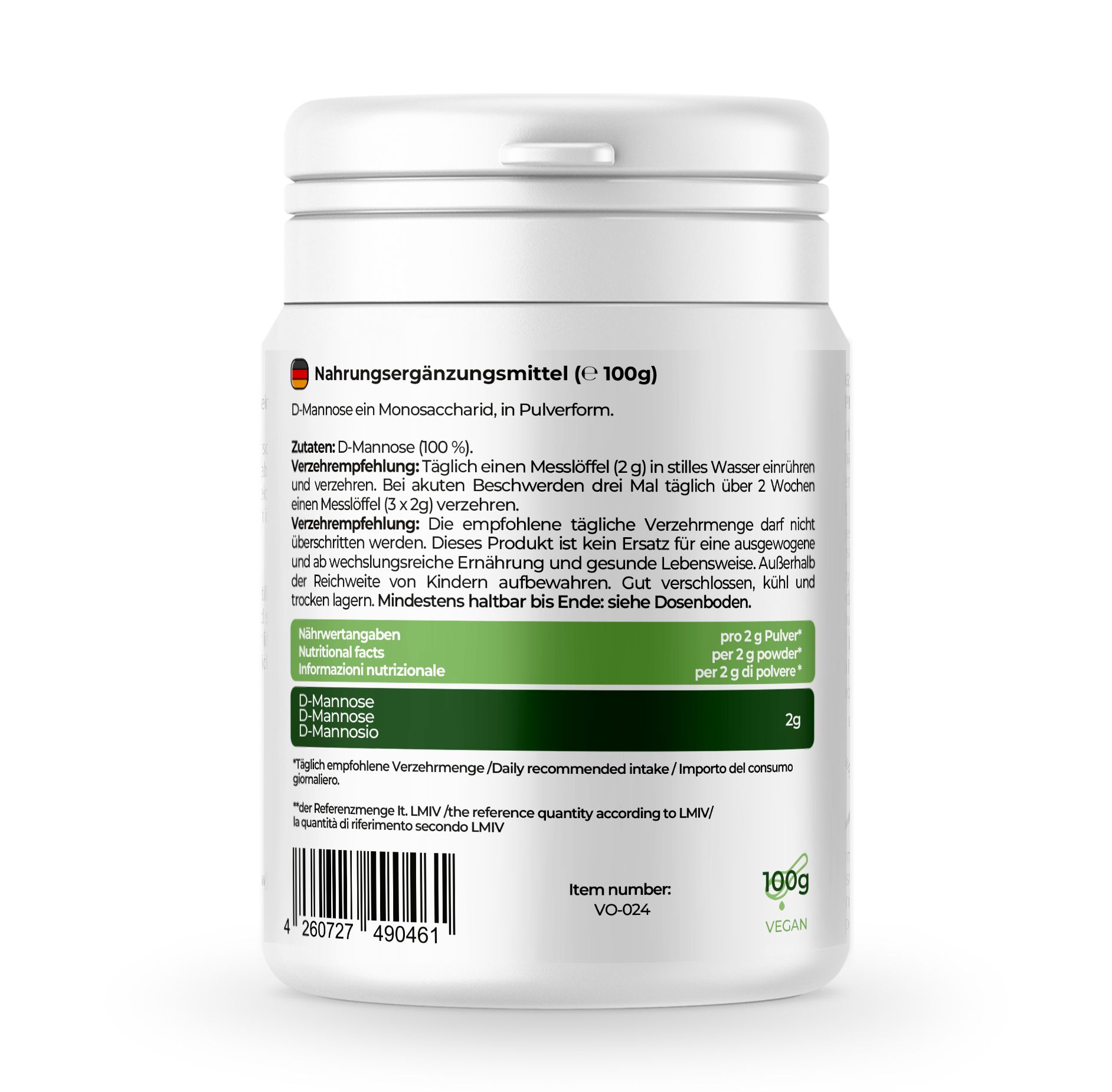 Retro del contenitore bianco. Testo: Integratore alimentare, D-Mannosio, 100g, vegan. Contiene informazioni nutrizionali e raccomandazioni.